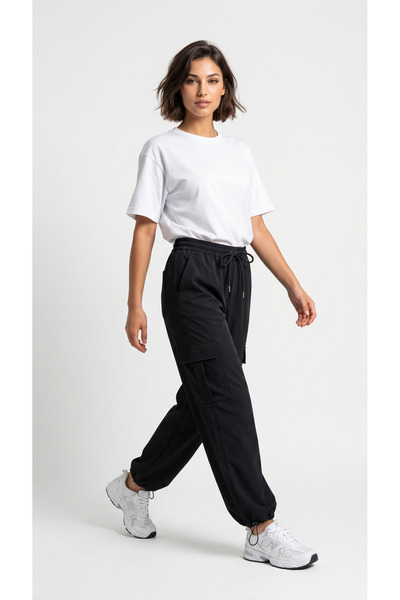 BADESSA Women's Black Oversize Parachute Fabric Slim Trousers with Cargo Pock...