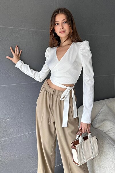 Alka Design Kadın Beyaz Kruvaze Yaka Bağlamalı Crop Bluz Uzun Karpuz Kol Jaka...