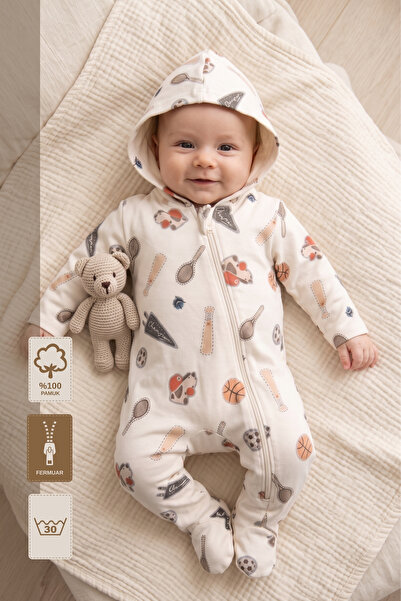 Minory Kids Minory Baby - Kapüşonlu Desenli Fermuarlı Patikli Bebek Tulum