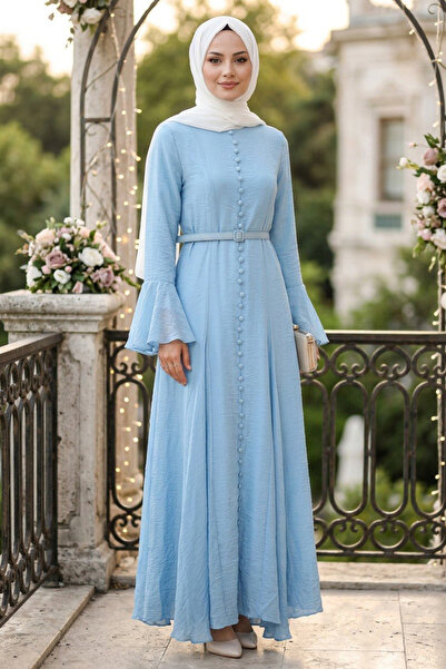 N.S NEVA STYLE Buttoned Belted Flounce Sleeves Tulle Modal Blue Islamic Dress...