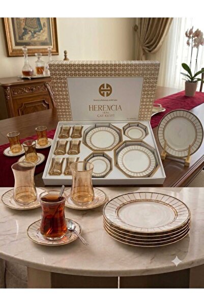 Herencia 18 Parça Gold Çizgili Lüx Çay & Pasta Sunum Seti – 6 Kişilik Çay Takımı