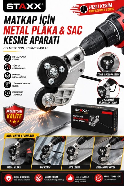 STAXX POWER Matkap İçin Metal Plaka & Sac Kesme Aparatı Sac Makası Tüm Elektrikli ve Şarjlı Matkaplara Uyumlu