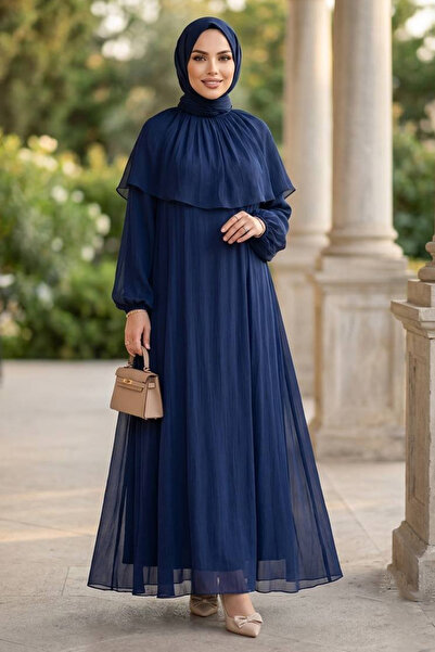 N.S NEVA STYLE Cape Detailed Gathered Janjan Chiffon Navy Blue Hijab Evening ...