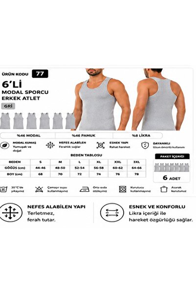 Yıldız Çamaşır Men's Modal Athlete Lycra Undershirt (77-78-79) - 6 Pieces