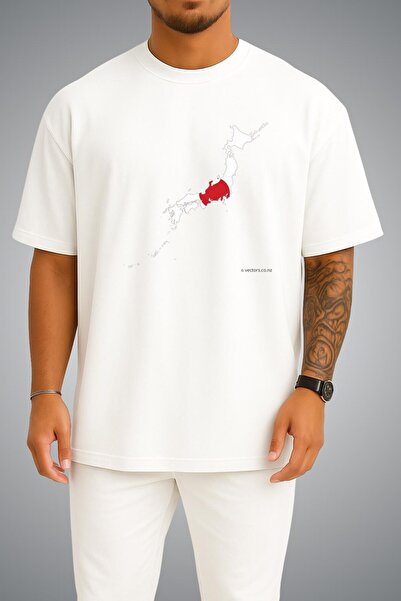 Bahriyeli Collection Oversize Japan Flag and Map Chest Printed Unisex T-Shirt