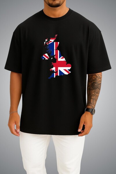 Bahriyeli Collection Oversize Unisex T-Shirt with Uk Flag and Map Chest Print