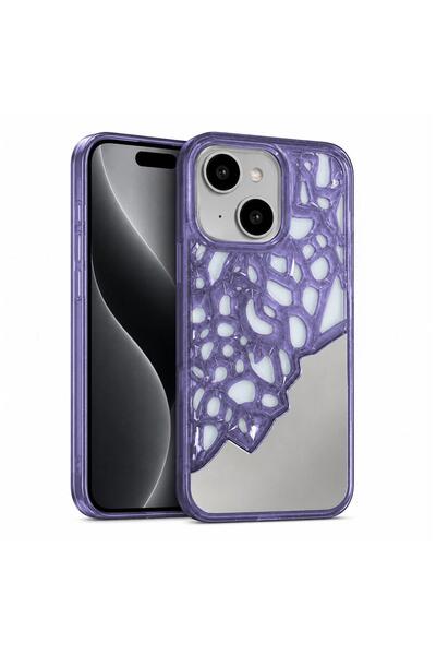 Zebana Apple iPhone 15 Uyumlu Kılıf Lace Mirror Silikon Kılıf Derin Mor