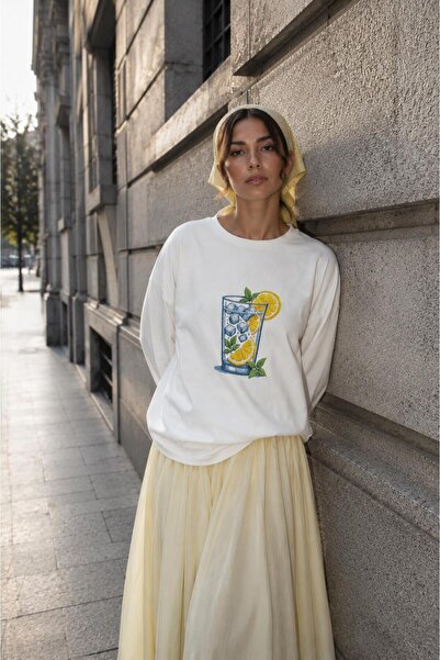 Hira Clothing Beyaz Baskılı Tesettüre Uygun Uzun Kollu Pamuk T-Shirt\Bluz