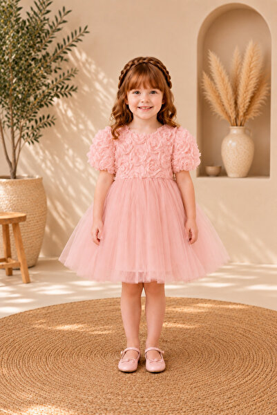 miço kids Girl's 3D Rose Detailed Tulle Evening Dress with Tulle Bow on the Back