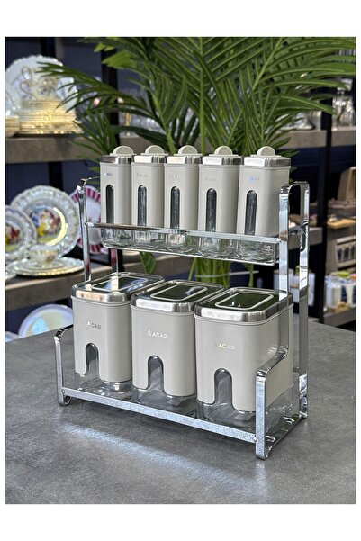Doğudeko Rex Collection 9 Piece Metal Glass Spice Set with Stand Cream