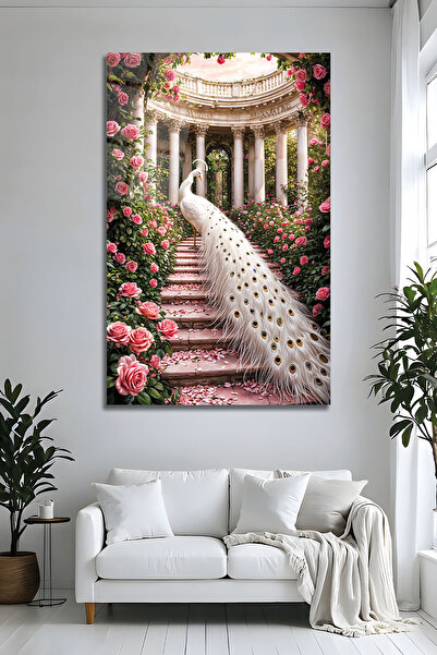Parıltı Yayınları Pictură decorativă pe sticlă cu păun alb și trandafiri roz,...