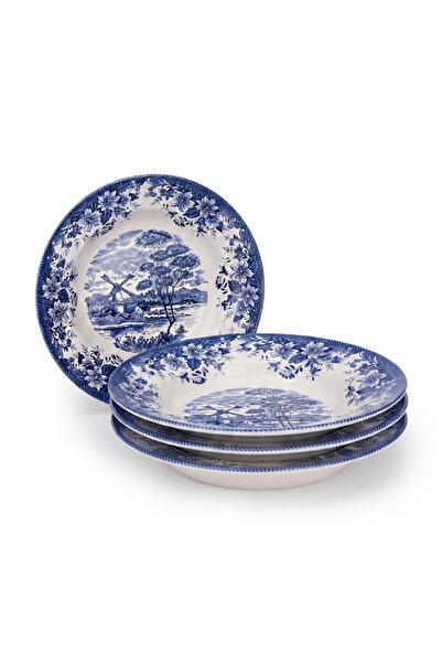 Claytan Earthenware Classic Blue Windmill Floral Pattern Soup Pasta Plate, 9....