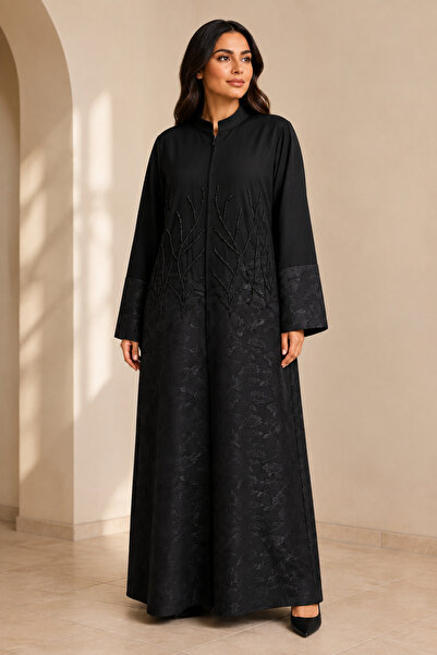 KAVALEE Women’s Black Floral Jacquard Abaya with Beaded Branch Detailing