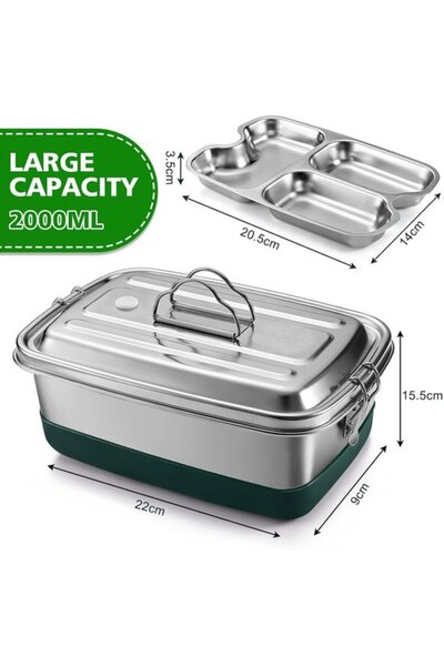 STARSTAR 2000ml 3-Compartment Leak-Proof Stainless Steel Lunch Box / Bento Bo...