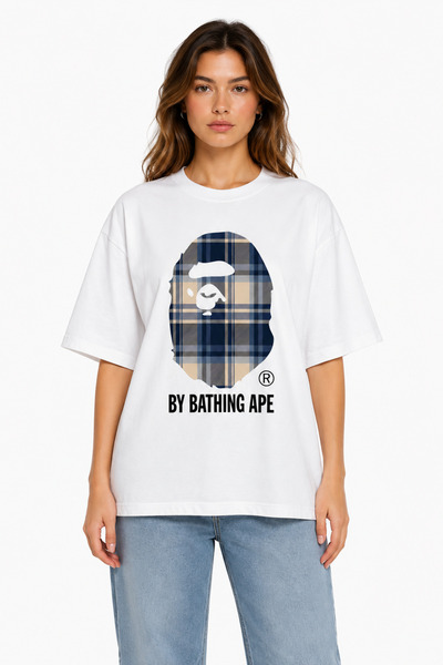 Compostela Unisex Women's Men's Bape Burb Plaid Blue Beige Front Printed Oversized Thick Fabric Relaxed Fit T-Shirt
