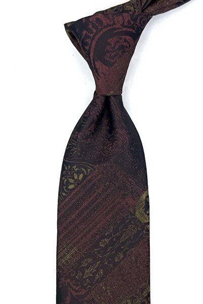 Kravatkolik Coffee Green Motif Pattern Classic Tie with Handkerchief Kk13968
