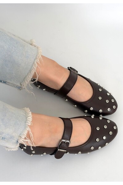 DMR Elegance Brown Leather Belted Ballerina Shoes