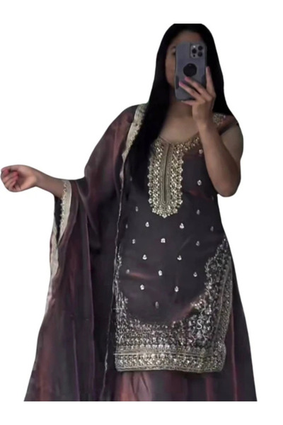 MYSMAR Dark Purple Fendy Silk Embroidered Sharara Suit - HRT8188 | Dark Purpl...