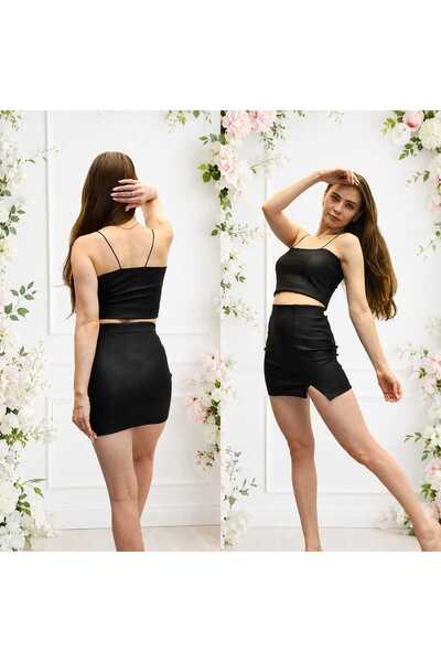 Liora Moda deri askılı crop ve detaylı mini etek