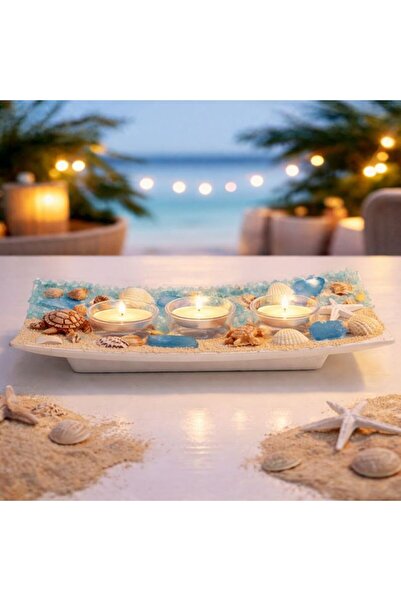 BAMI NETWORK Suport lumanari platou lemn alb cu decor marin 24x10cm