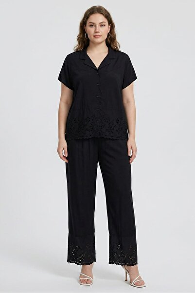 JASON WU Women 2 Pieces Eyelet Short Sleeve Shirt With Pants Coord Set, Black