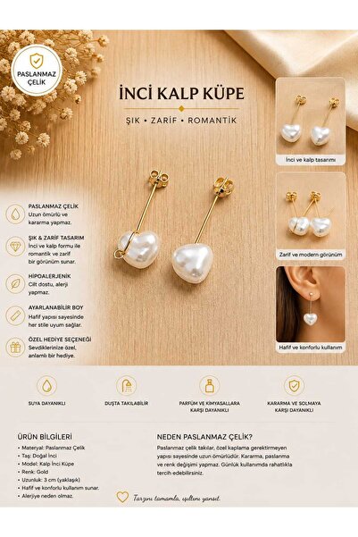 İNCİ GOLD ASMALI KALP KÜPE PASLANMAZ ÇELİK