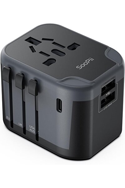 SooPii Universal Travel Adapter,Power Converters with 1 USB C and 2 USB A Por...