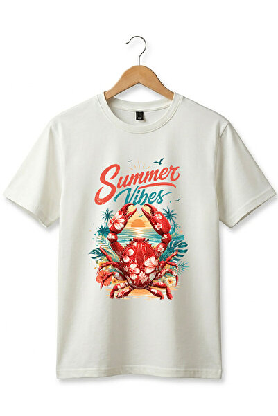 The Baski Summer Vibes Crab Printed 100% Cotton Regular Fit Crew Neck Basic T...