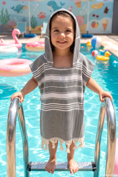 REMSA 100% Cotton Muslin Patterned Children's Hooded Sea Pool Beach Poncho 01...