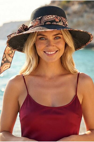 Mood Agenda Women's Patterned Shawl Scarf Straw Hat with Wide Brim Summer Sun...