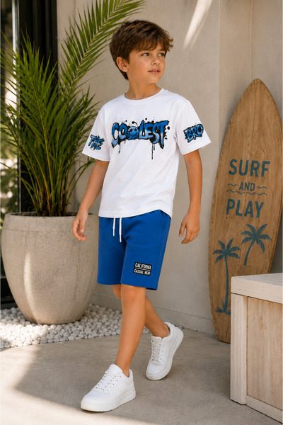 zepkids Boy's Shorts Set Printed Short Sleeve Saks Color Shorts White Summer ...