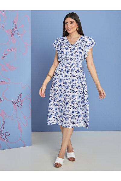 Styli Ruffle Sleeves Floral Print A-Line Midi Dress