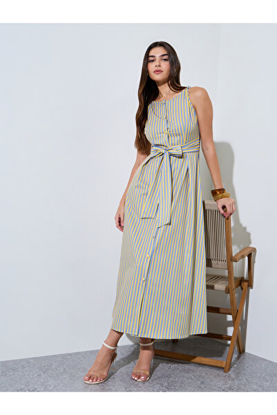 Styli Striped A-Line Maxi Dress with Tie-Belt