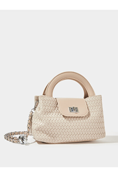 Styli Beige Woven Mini Handbag with Chain Strap