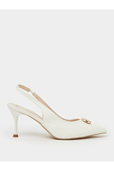 Styli White Croc-Embossed Gold Detail High-Heel Slingbacks