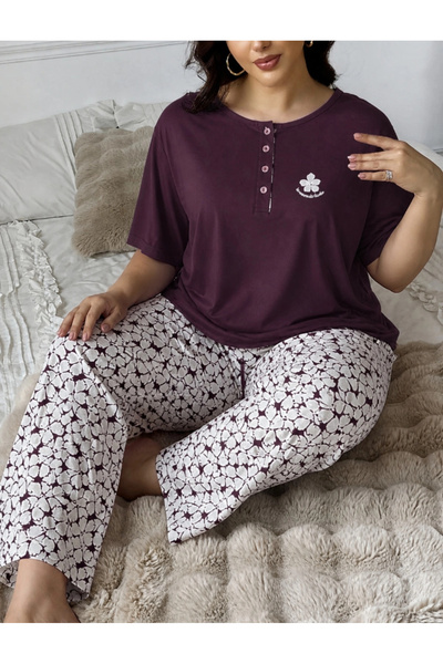 SOFT AURA Large Size Purple Three-Button 100% Cotton Women's Pajama Set