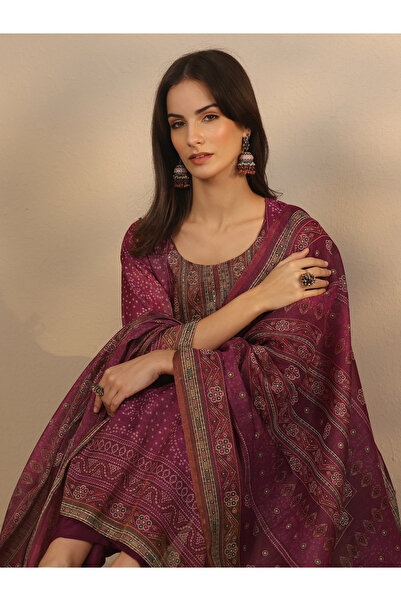 Libas By Styli Printed Silk Blend Straight Kurta, Trousers And Dupatta Set
