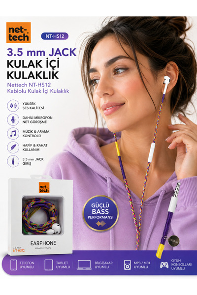 Nettech NT-HS12 3.5 mm Jack Kulak İçi Kulaklık Mikrofonlu Kablolu Stereo Kula...