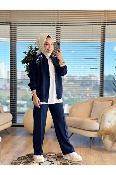 ESİO 1504 Suit with Stones on the Shoulders Navy Blue