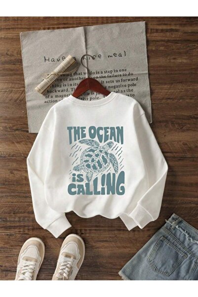 DASH WEAR سويت شيرت قطني برقبة دائرية مطبوع عليه The Ocean Is Calling للرجال ...