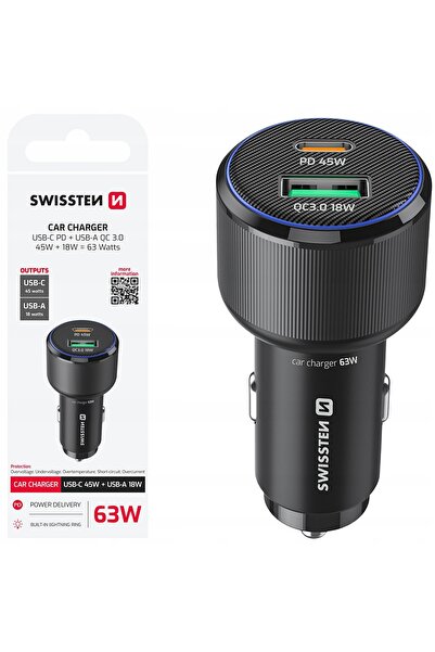 SWISSTEN Încărcător auto 1 x USB-C PD + 1 x USB-A QC 63W compact