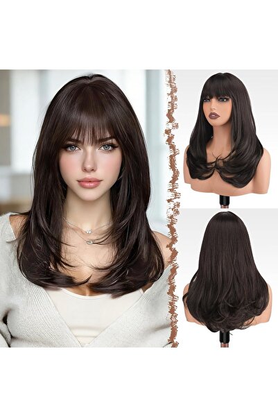 Dotail Perucă de damă, lungă, dreaptă, stratificată, cu breton, 50 cm, fibră ...