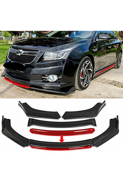 HasAkman Chevrolet Cruze Kırmızı Renkli Şeritli Dilli Ön Lip 4 Prç Parlak Siy...