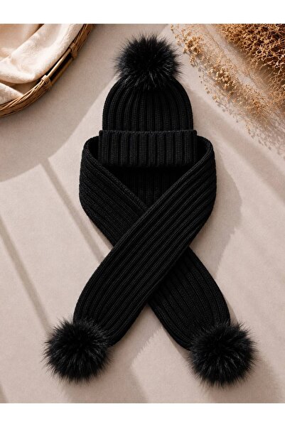 ues Black Single Pompon Knitwear Scarf Beanie Set