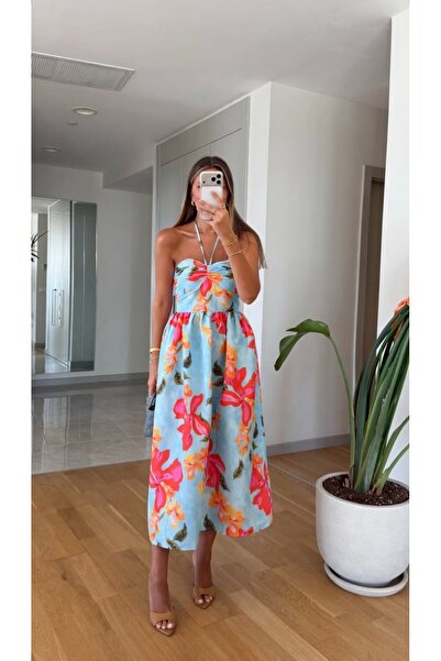 FEMMESTUDIO Kadın Mavi Desenli Midi Elbise