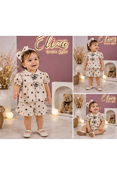 Eliza Çocuk Giyim kız bebek puantiyeli fiyonk detaylı gömlek şört takım