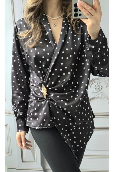 Azara Asymmetric satin shirts with removable brooch Aurelia - Grey