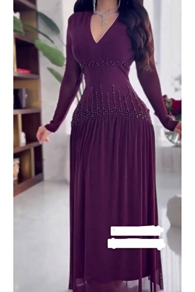 NALA FASHION المنتج: فستان سهرة فاخر بلون خمري داكن