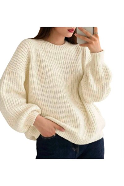 LUVON Ecru Crew Neck Oversize Women's Knitwear Sweater