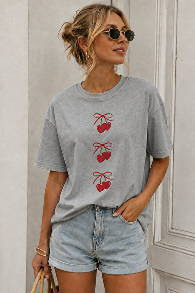 ArtYus Cherry Printed Crew Neck Casual Unisex Oversize T-Shirt - Fruit-Themed...
